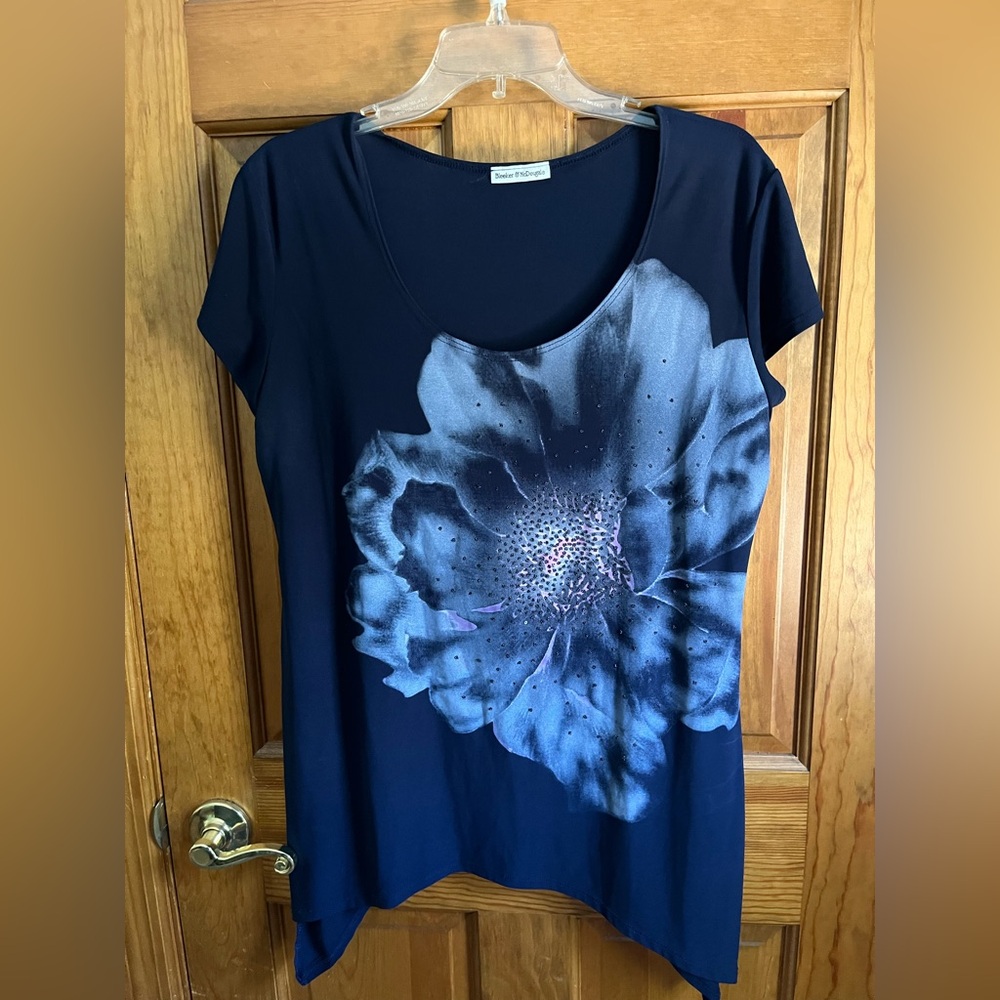 Floral Midnight Blue Beaded Short Sleeve Top